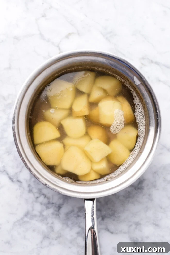 boiling potatoes and lentils in separate pots for vegan shepherd's pie