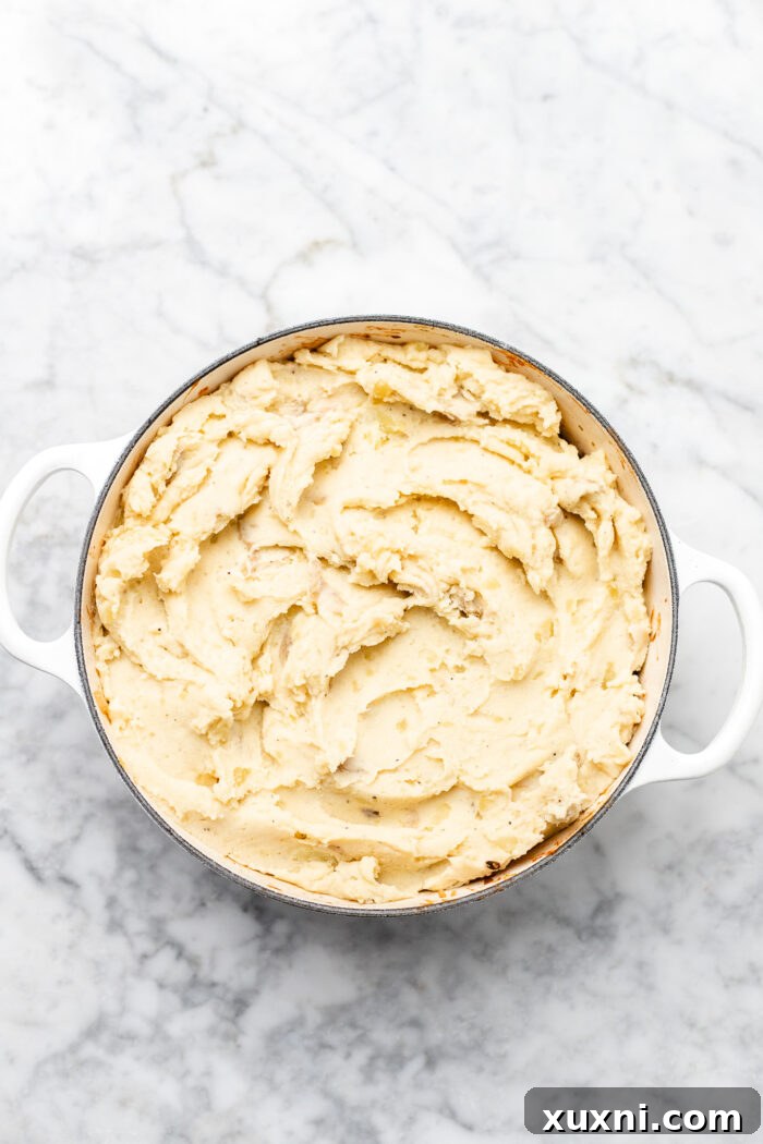 assembled lentil shepherd's pie, with mashed potato topping spread over the filling