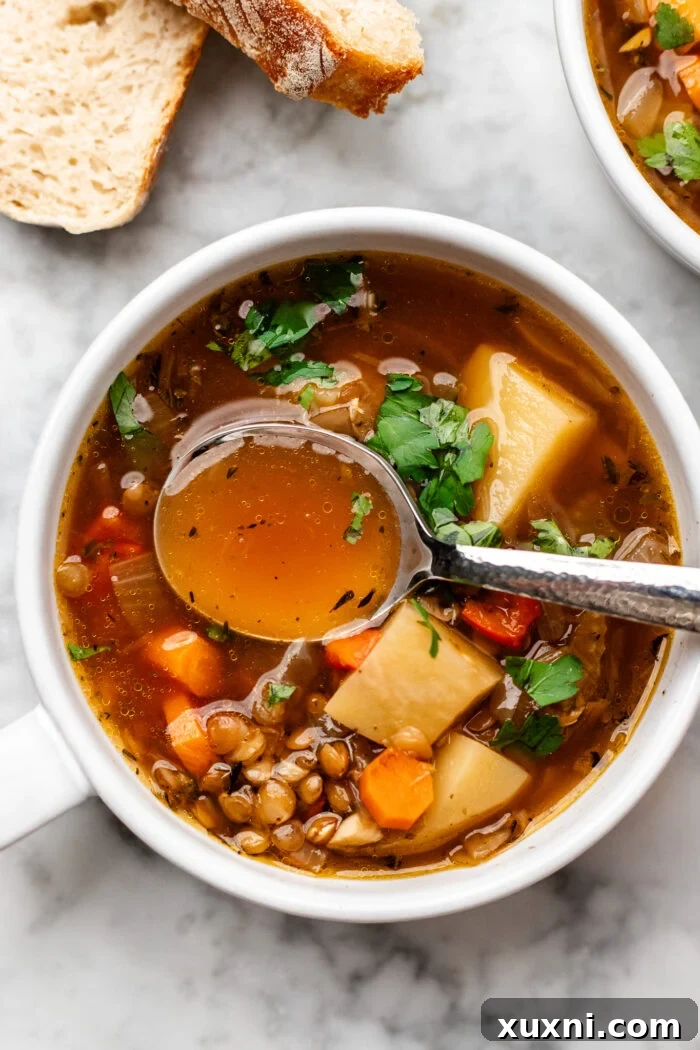 A beautiful bowl of Brothy Lentil Potato Soup, garnished with fresh herbs and a spoon ready to dive in.