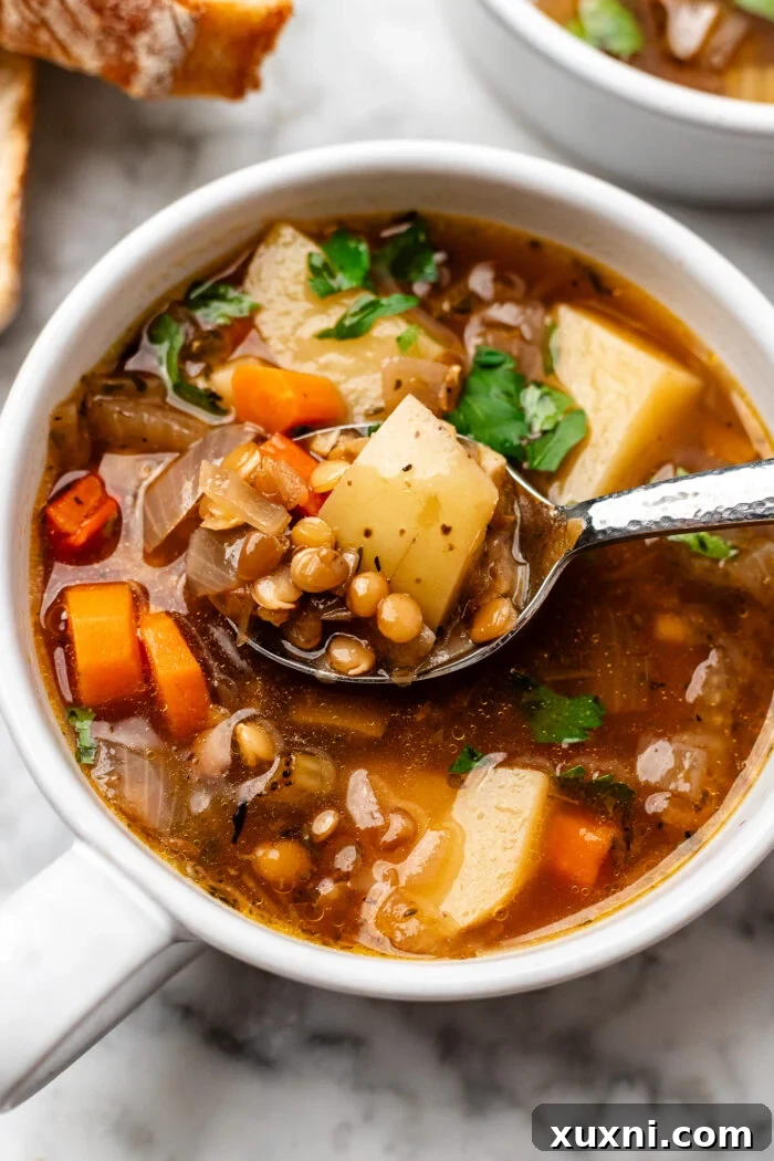 A close-up shot of a bowl of hearty lentil potato soup, ready to be enjoyed.
