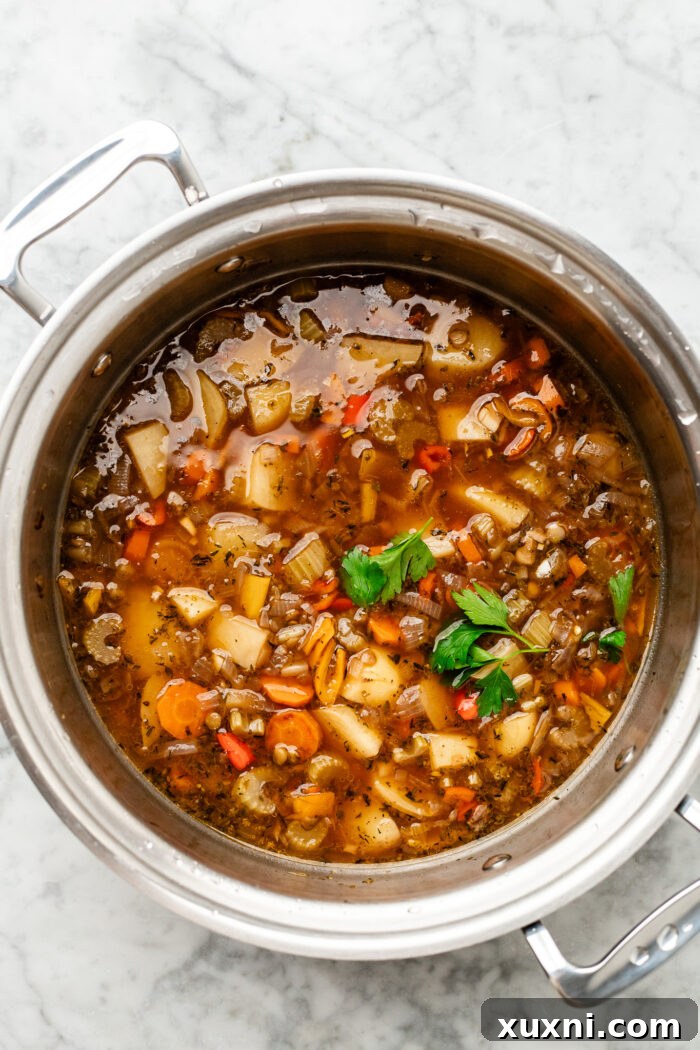 A finished pot of Brothy Lentil Potato Soup, ready to be served.