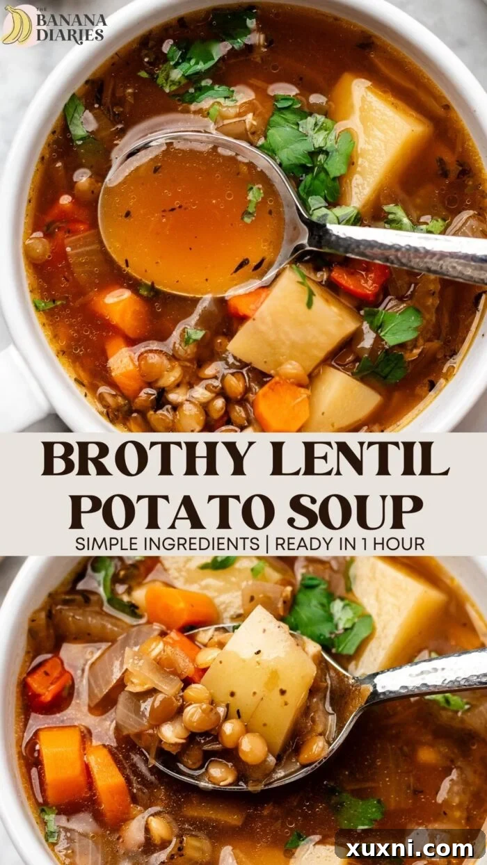 A stunning Pinterest pin image featuring Brothy Lentil Potato Soup, inviting users to save the recipe.