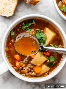 bowl of lentil potato soup with spoon
