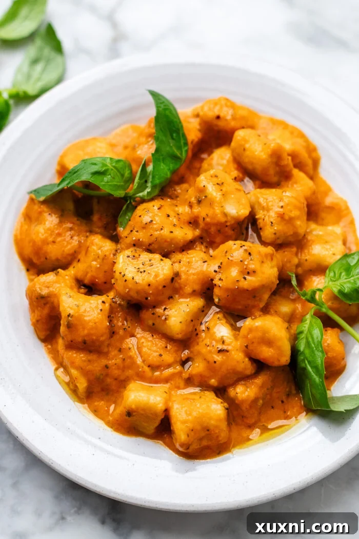 large serving of roasted red pepper gnocchi with basil