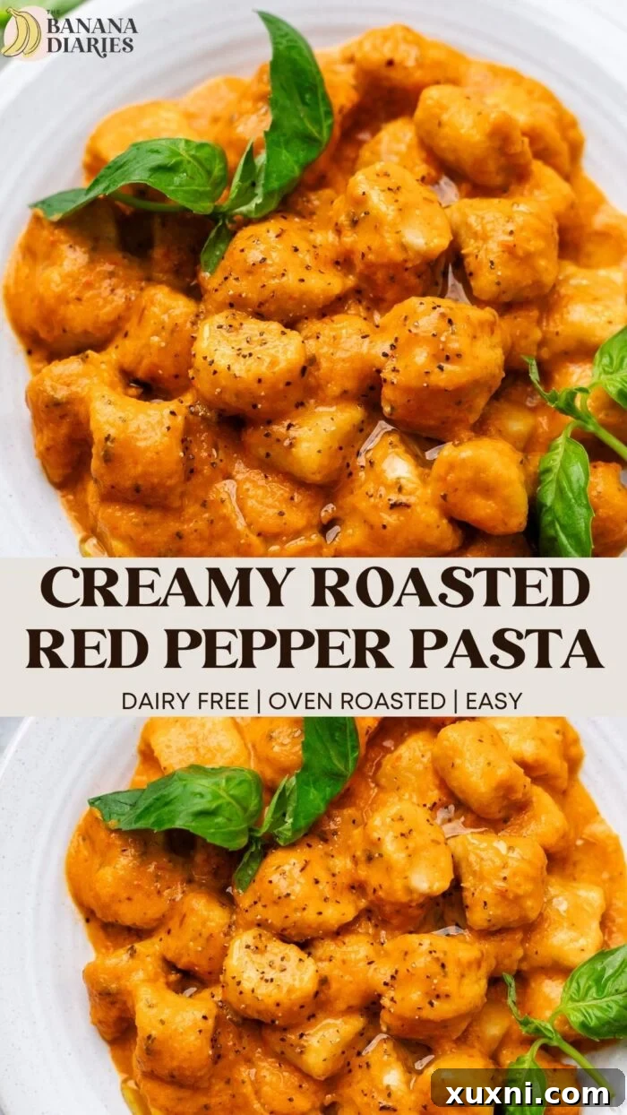 Oven Roasted Red Pepper Pasta with Fresh Bell Peppers Pinterest pin featuring the finished dish