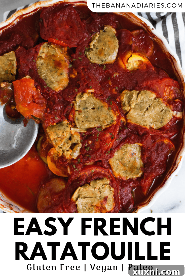 Pinterest image for easy French ratatouille, featuring a beautifully arranged dish of vegetables