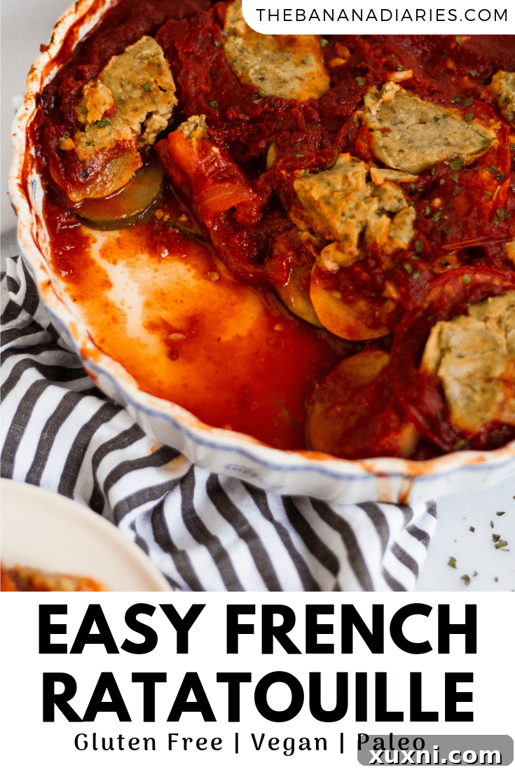 Pinterest image promoting easy French ratatouille, highlighting its vegan and paleo qualities