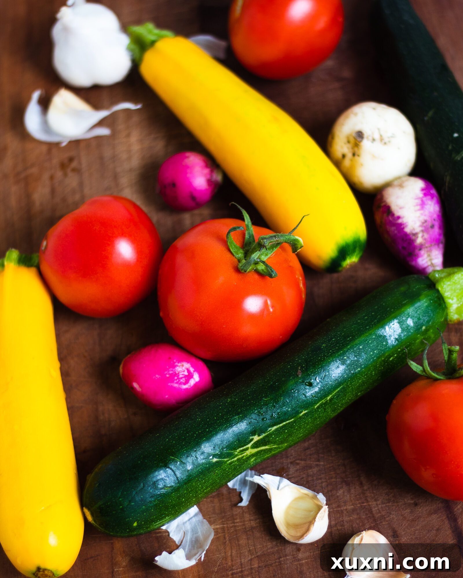 Assortment of fresh vegetables including zucchini, tomatoes, radishes, garlic, and herbs on a cutting board, ready for preparation