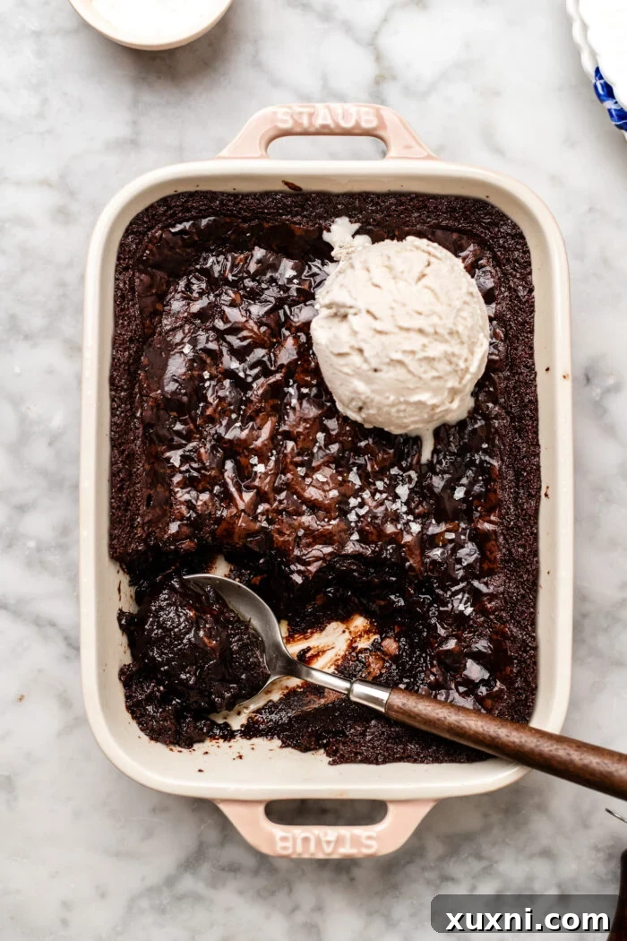 A scoop of rich, dark molten brownie pudding topped with creamy vegan vanilla ice cream, perfectly portioned for an indulgent dessert for two.