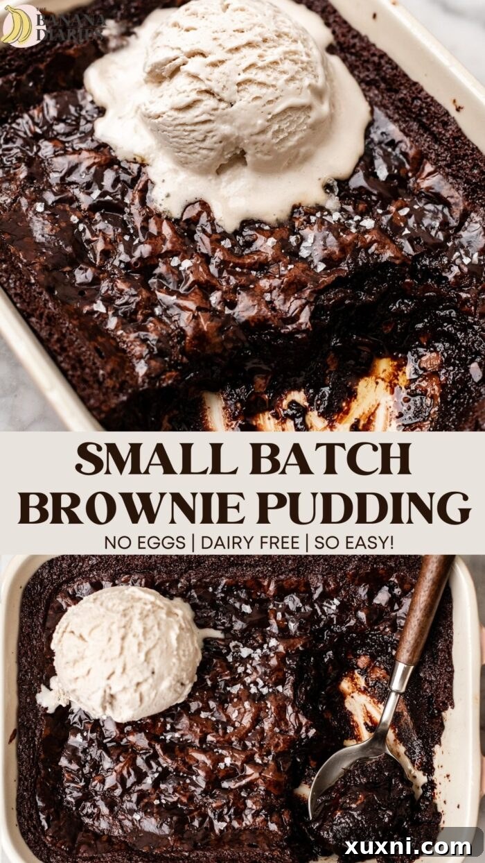 A graphic of the vegan small-batch brownie pudding, optimized for Pinterest saving.