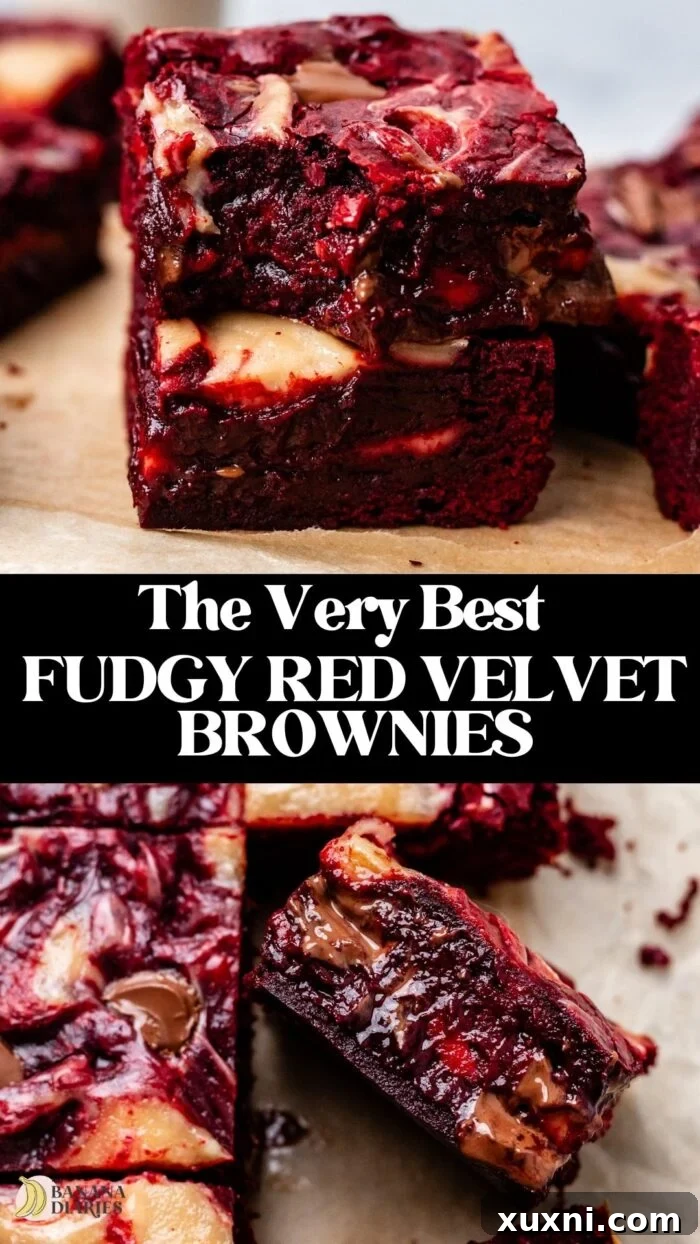 Pinterest pin for Crinkle Top Fudgy Red Velvet Brownies with Cheesecake Swirl - No eggs, No dairy!