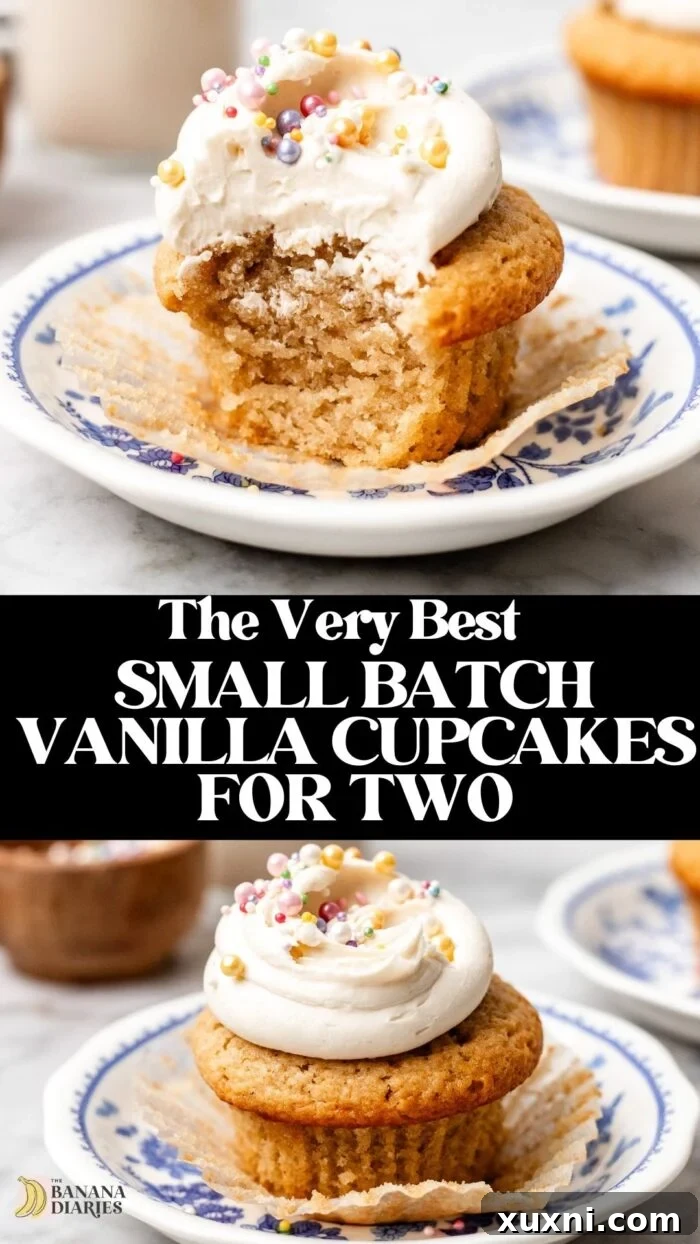 Pinterest pin for Small Batch MOIST Vanilla Cupcakes for Two - No eggs, no dairy!