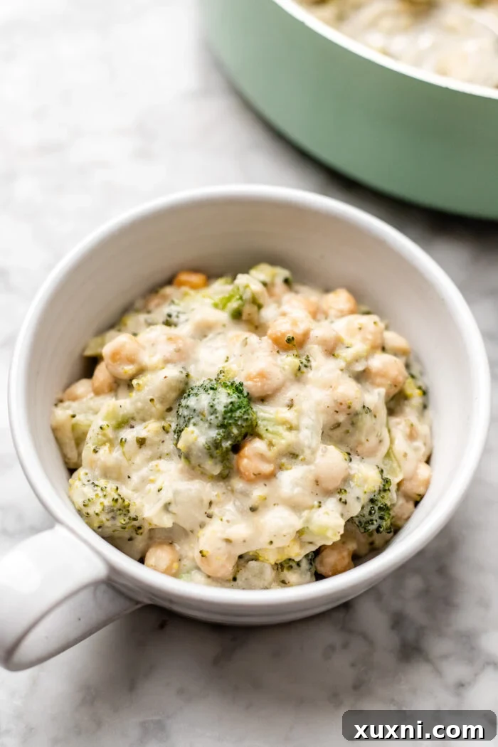 bowl of chickpea broccoli alfredo skillet