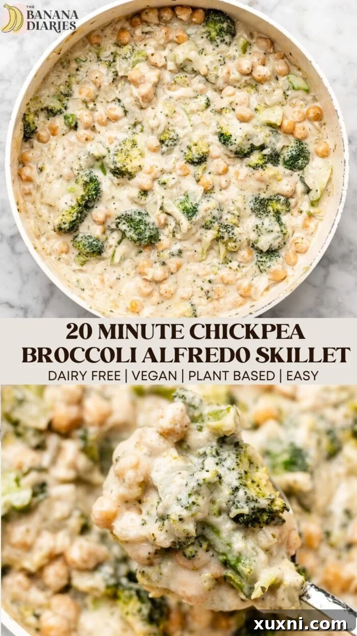 20 Minute Creamy Chickpea Broccoli Alfredo Skillet - Dairy Free & Vegan pinterest pin
