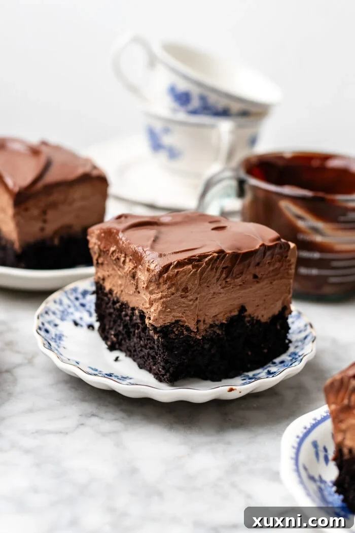 round chocolate mousse cake sliced on a plate