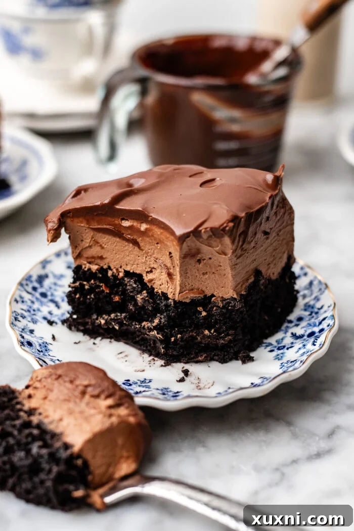 bitten chocolate mousse cake on a plate