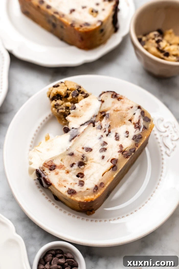 slice of vegan cookie dough cheesecake in small batch form