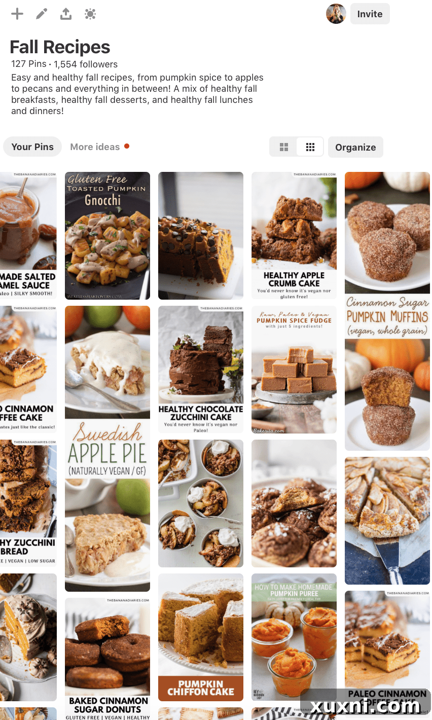 A vibrant Pinterest board showcasing an array of healthy fall recipes, with images of delicious seasonal treats and dishes.
