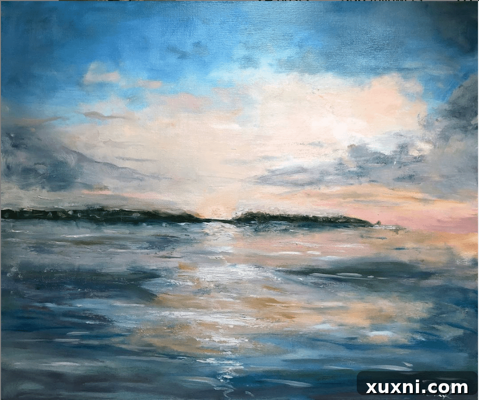 A serene oil painting depicting a calm ocean with gentle waves, rendered with soft brushstrokes.