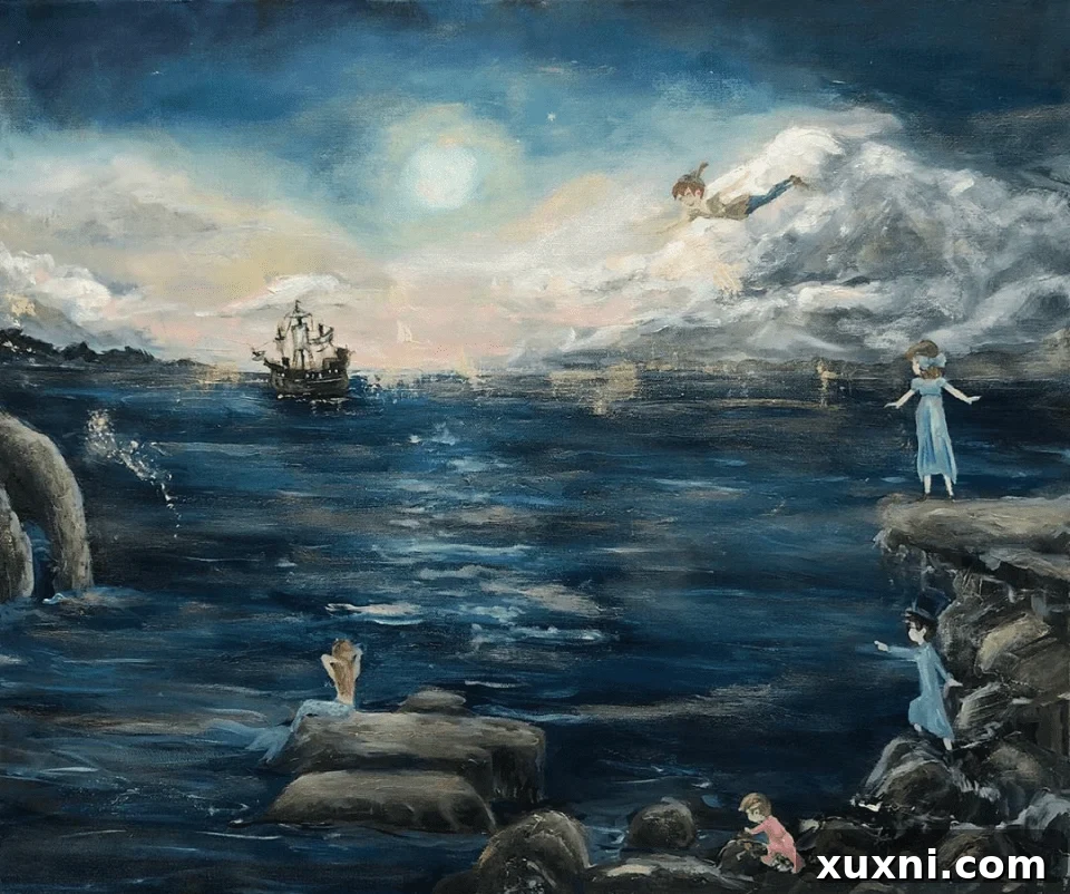 A vibrant and imaginative oil painting inspired by Peter Pan, featuring iconic elements and characters with a unique artistic twist.