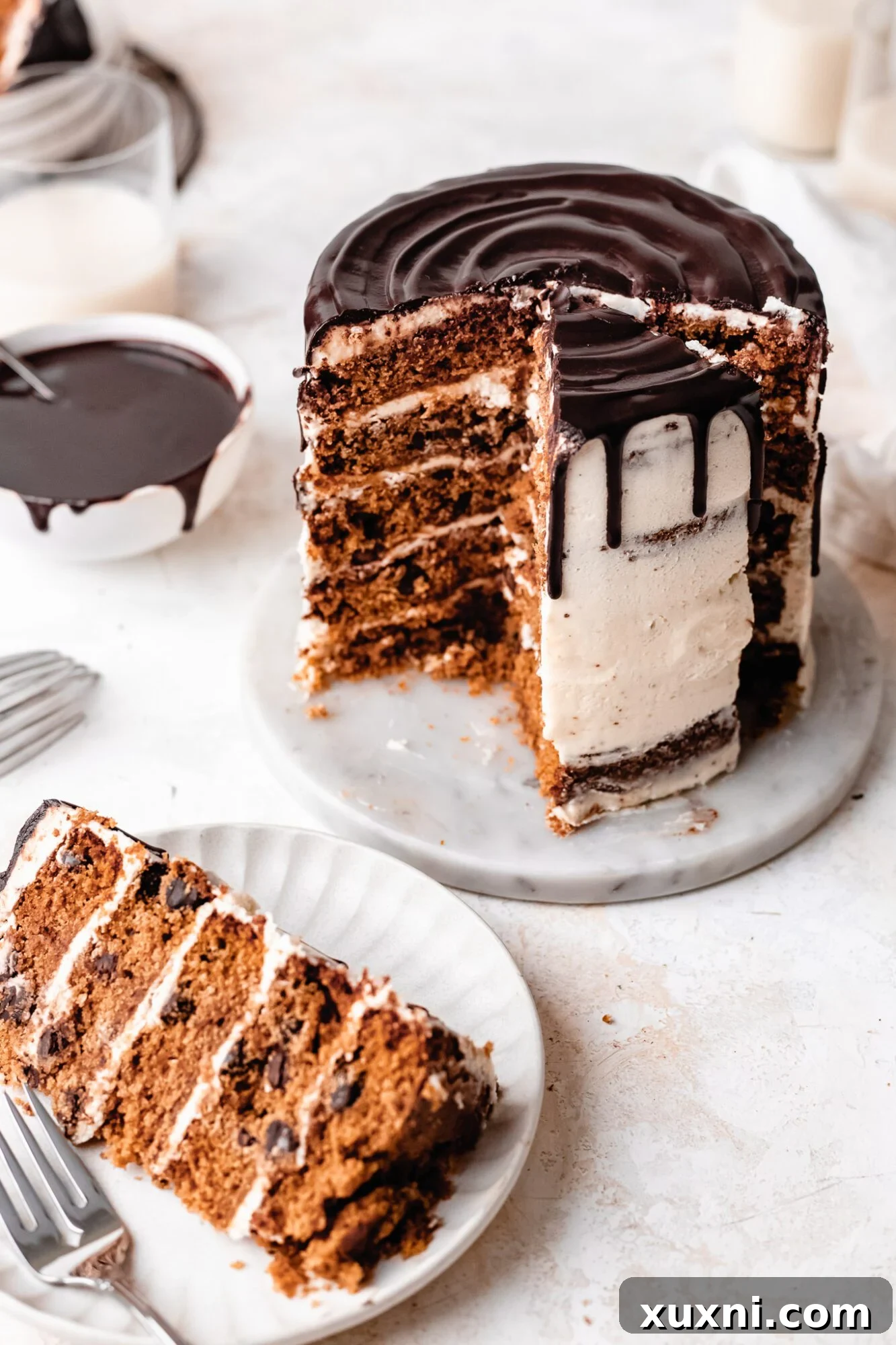 slice of vegan chocolate chip cookie cake