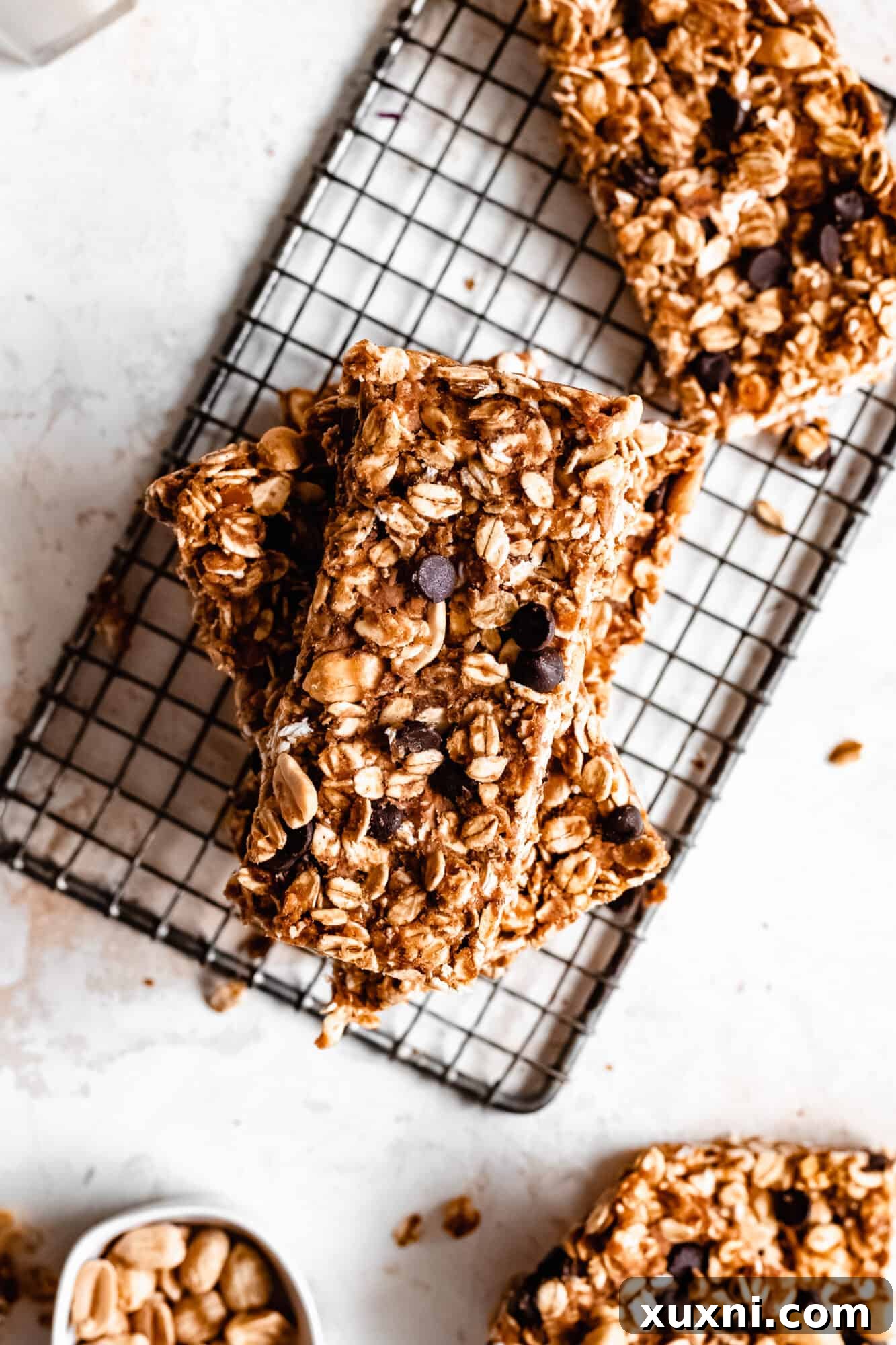 Stacked vegan granola bars, close up