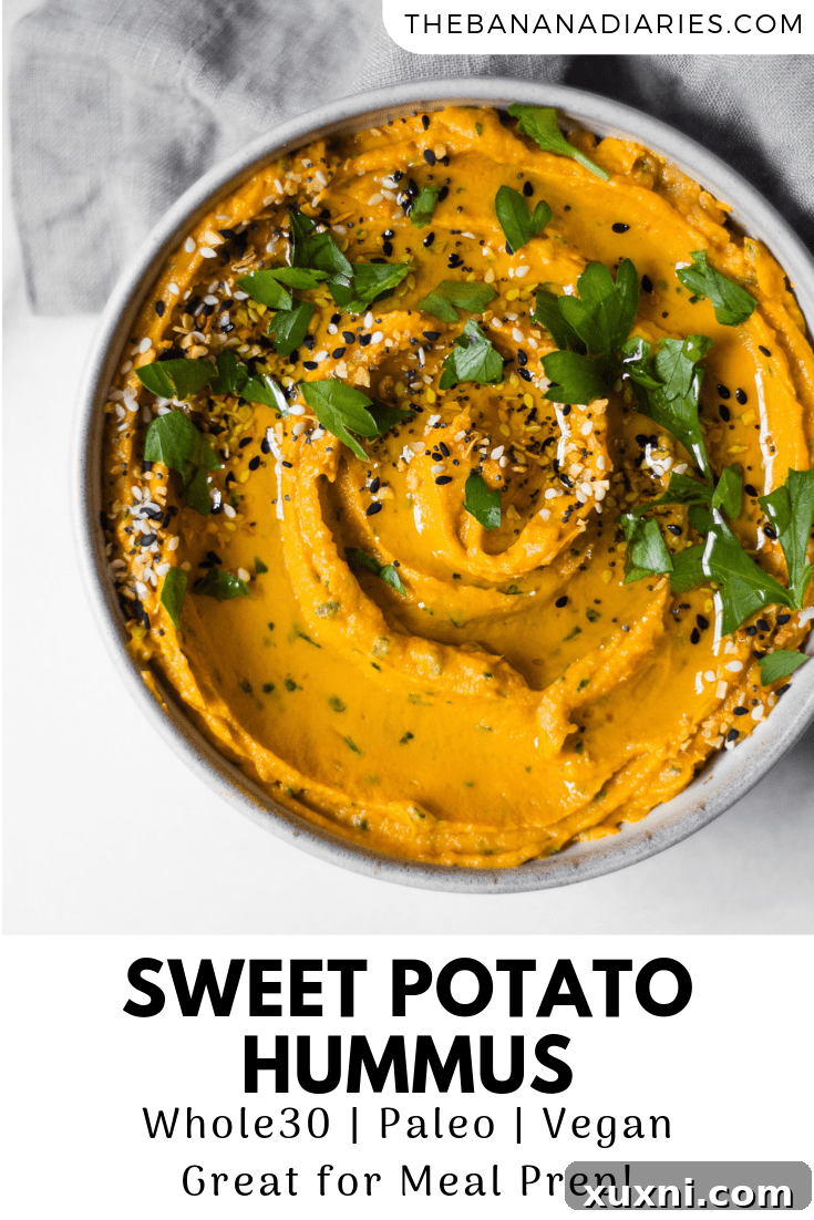 Pinterest image promoting healthy sweet potato hummus recipe, highlighting its benefits for meal prep and healthy eating.