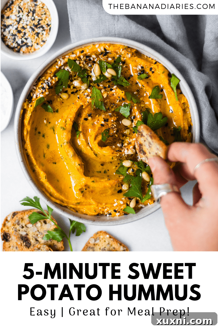 Pinterest pin graphic for healthy sweet potato hummus, emphasizing its easy and healthy nature.