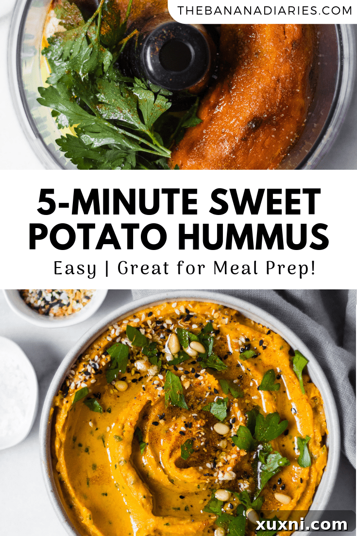 Another Pinterest pin graphic for sweet potato hummus, highlighting its vegan and Paleo attributes.
