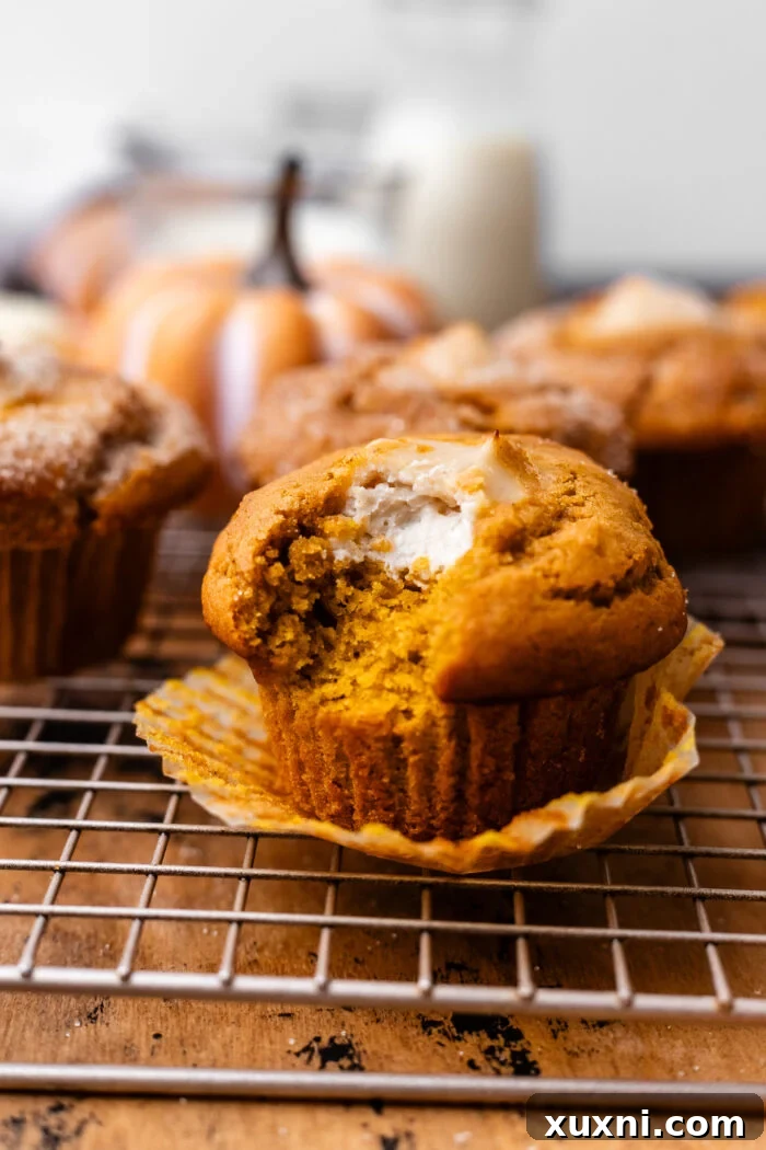 bitten vegan pumpkin muffin with cream cheese filling