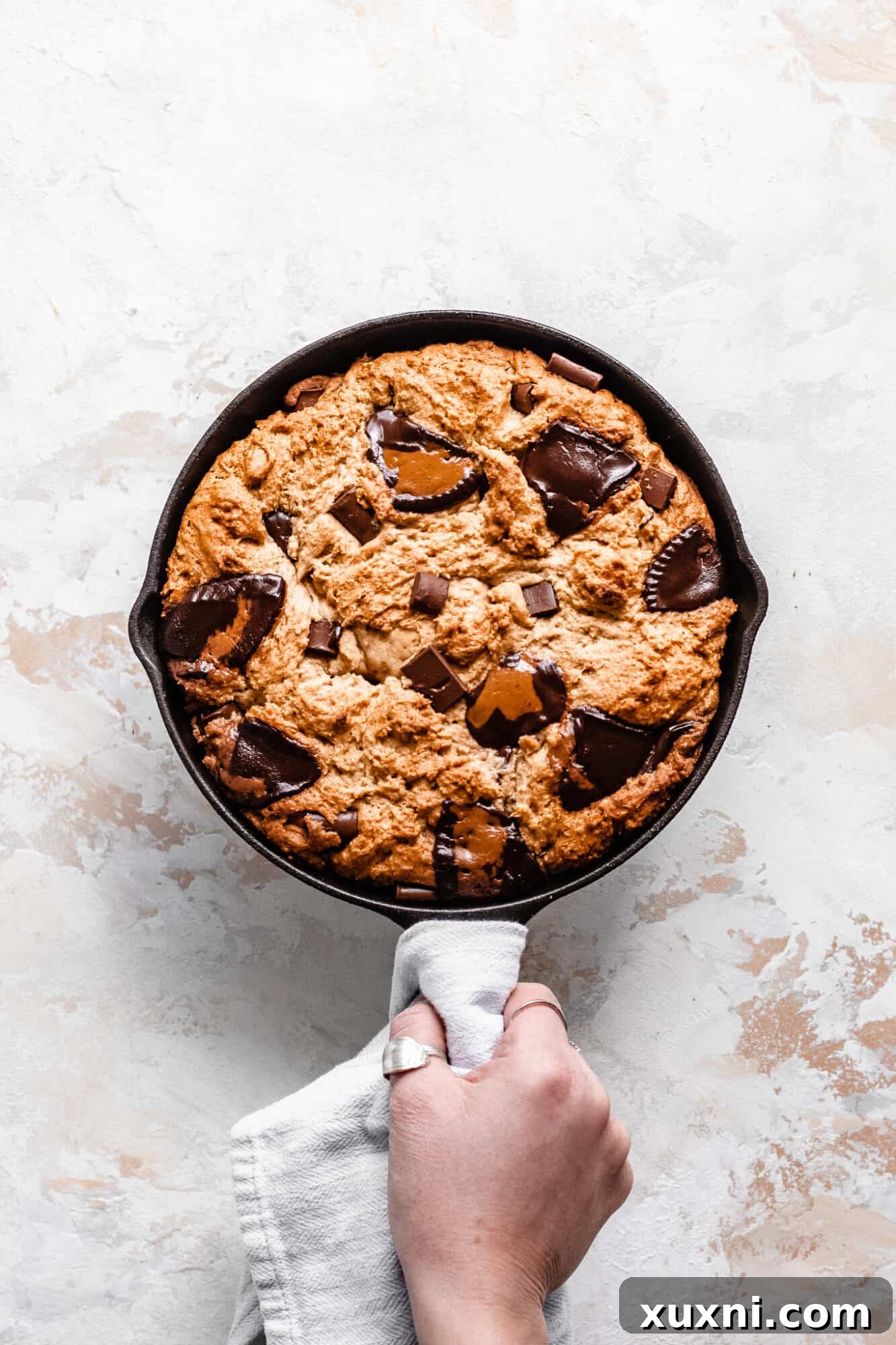 Freshly baked vegan cast iron skillet cookie