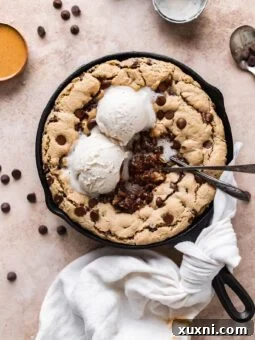 Delicious vegan skillet cookie ready to eat
