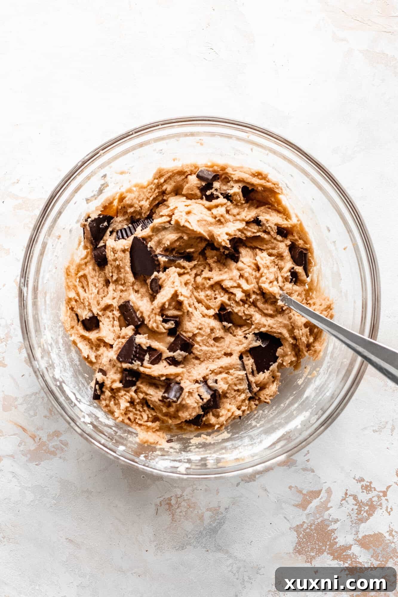 Close-up of mixed vegan peanut butter cookie batter