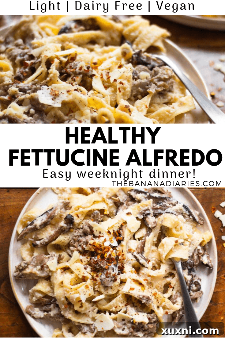 Guilt-Free Fettuccine Alfredo 10 Pinterest image featuring healthy fettuccine Alfredo, promoting the recipe for saving and sharing on Pinterest.
