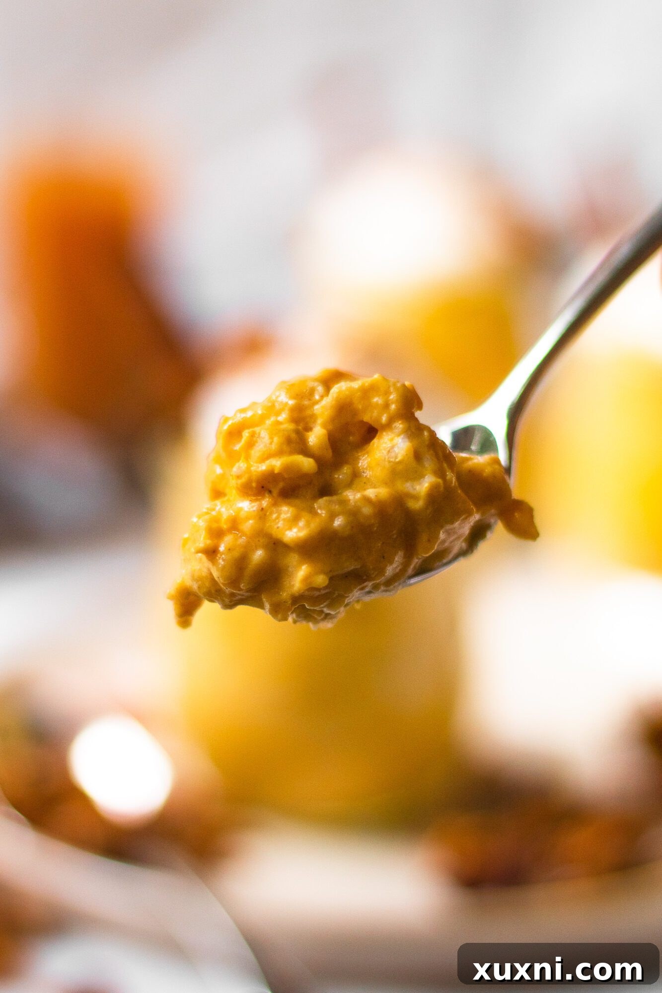 A spoon scooping up a generous portion of creamy pumpkin pie oatmeal, showing its inviting texture and deliciousness
