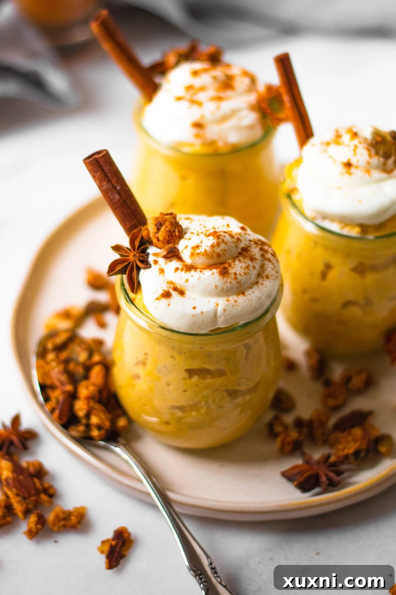 Multiple jars of pumpkin spice oats neatly arranged on a plate, showcasing meal prep success with healthy breakfast options