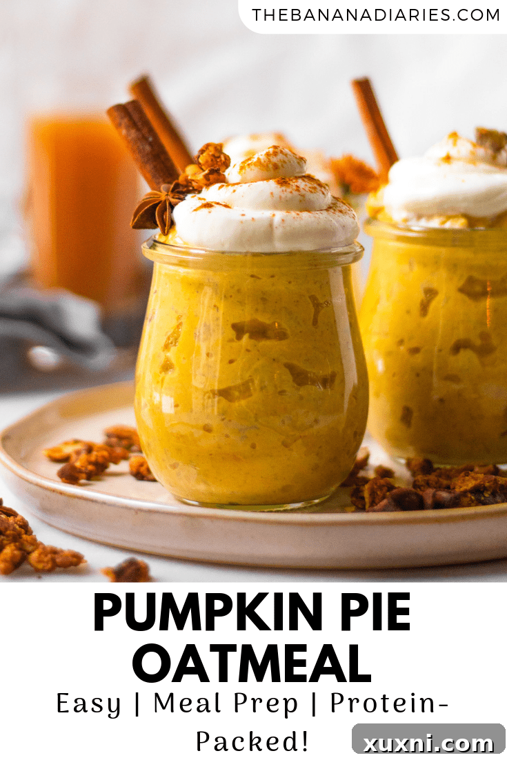 Pinterest image for healthy pumpkin pie oatmeal, featuring inviting bowls with fall aesthetics and fresh toppings