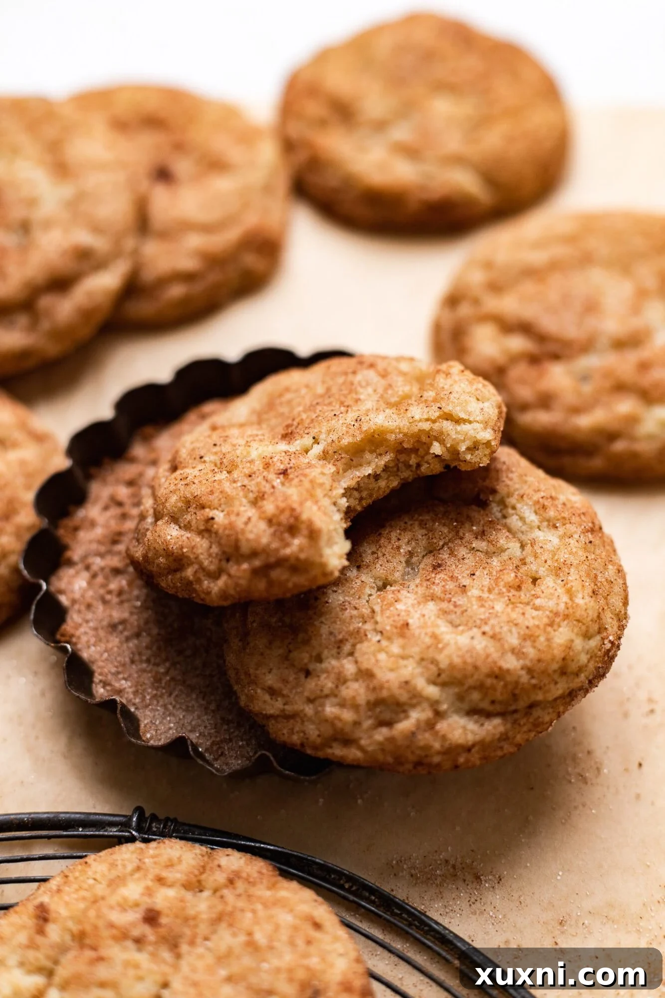 Close-up of freshly baked vegan snickerdoodle cookies with cinnamon sugar coating.