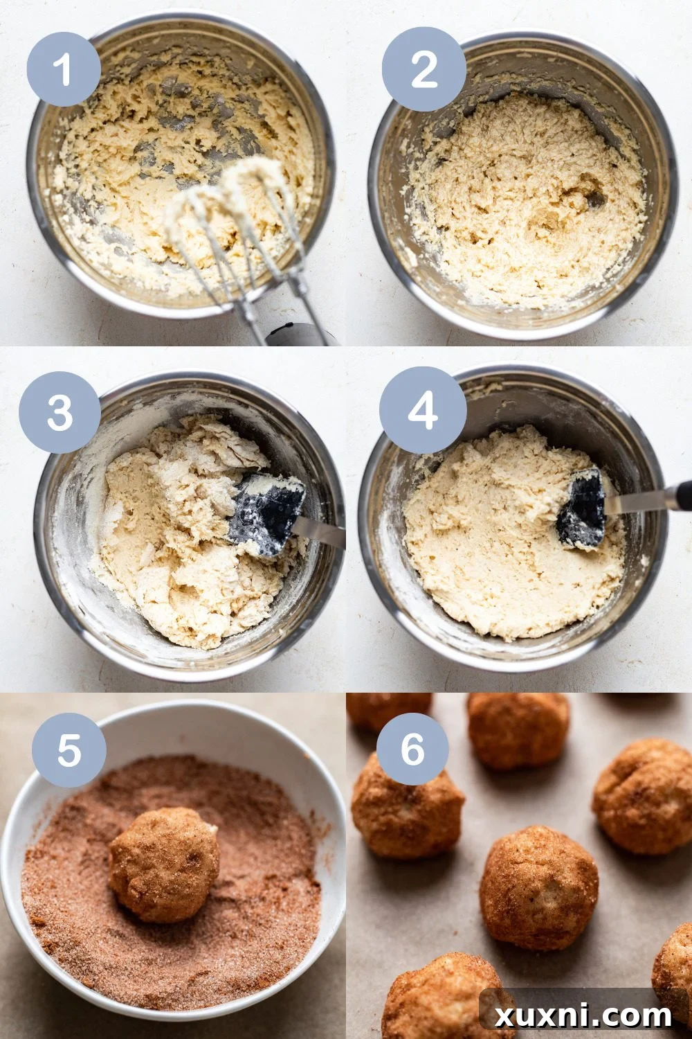 Step-by-step image showcasing vegan snickerdoodle cookies being rolled in cinnamon sugar and placed on a baking sheet.