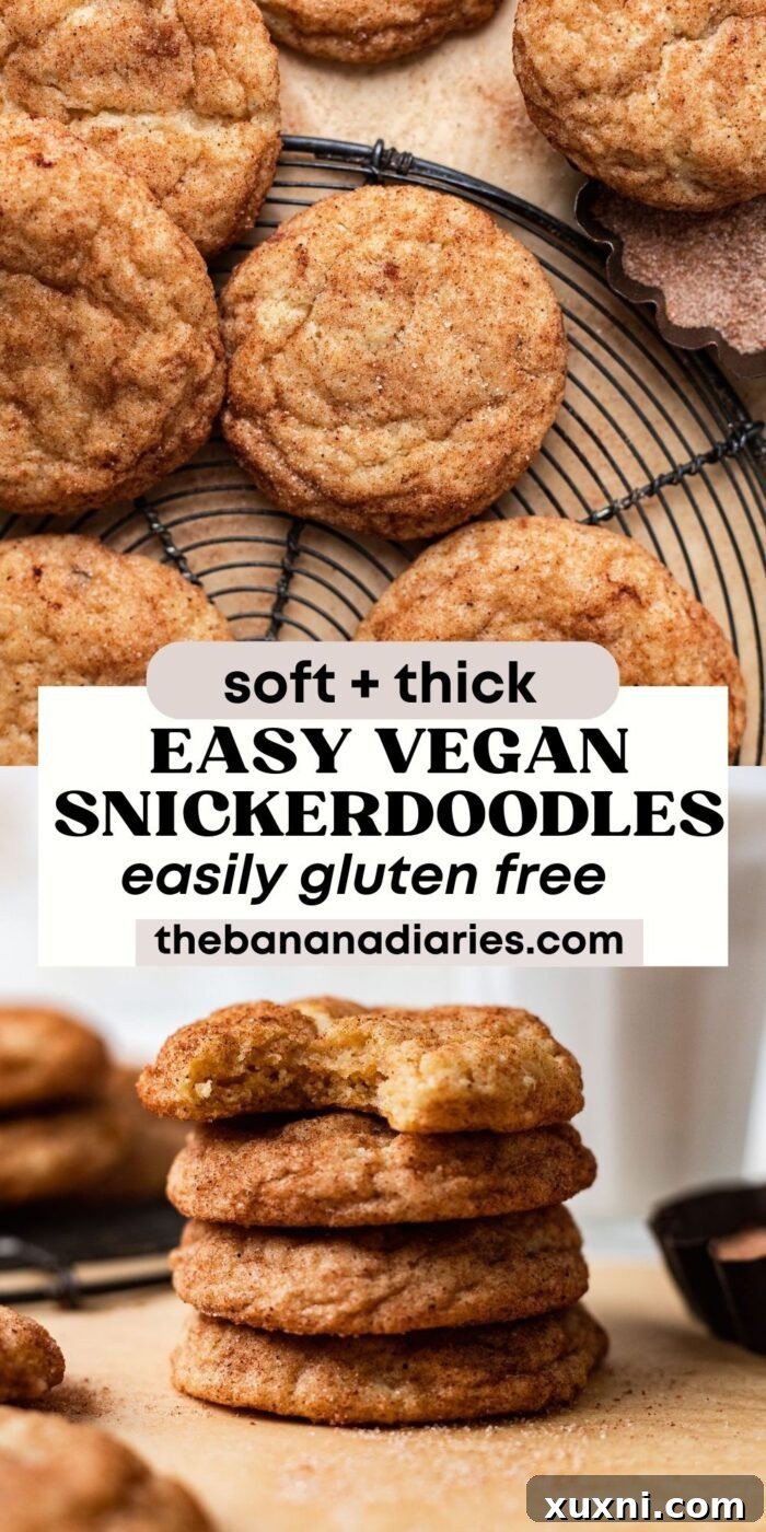 Pinterest pin image for vegan snickerdoodles, encouraging readers to save the recipe.