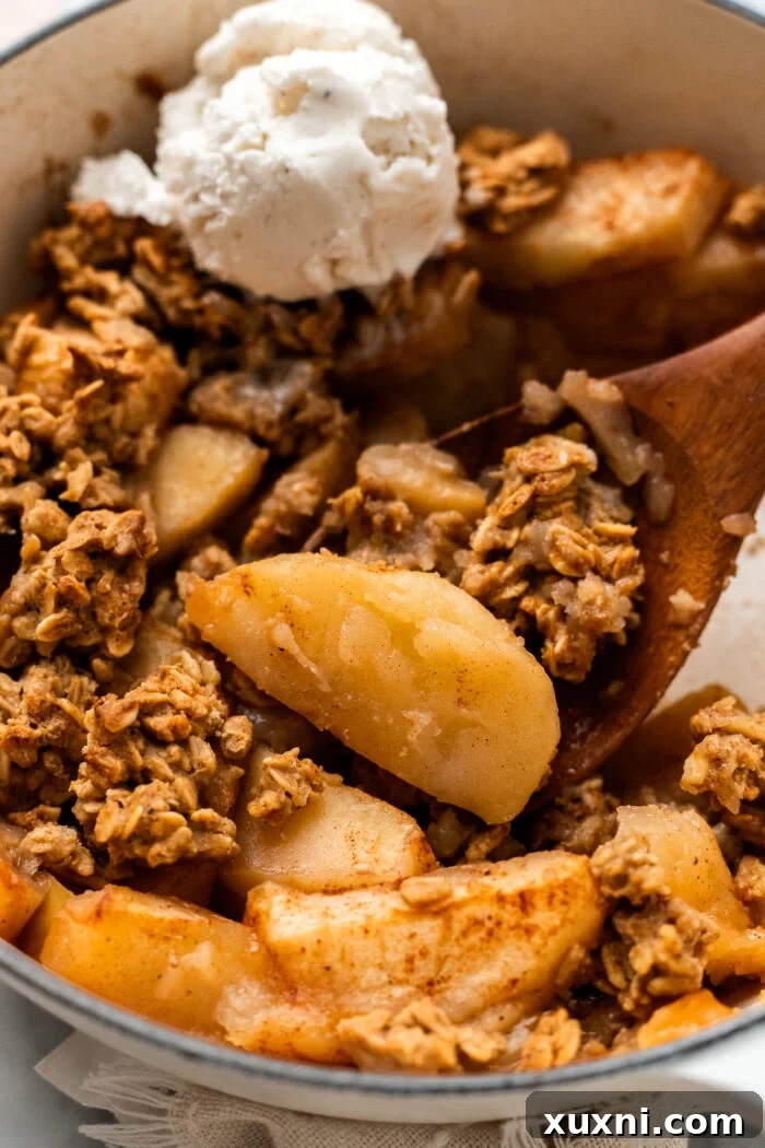 Quick Vegan Apple Crisp Naturally Sweetened 5 Close-up shot of a spoon gracefully scooping a portion of warm, healthy apple crisp, steam rising.