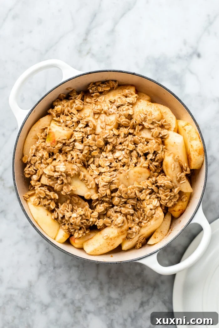 Quick Vegan Apple Crisp Naturally Sweetened 9 Assembled vegan apple crisp, with the oat crumble topping spread over the apples, ready for baking.