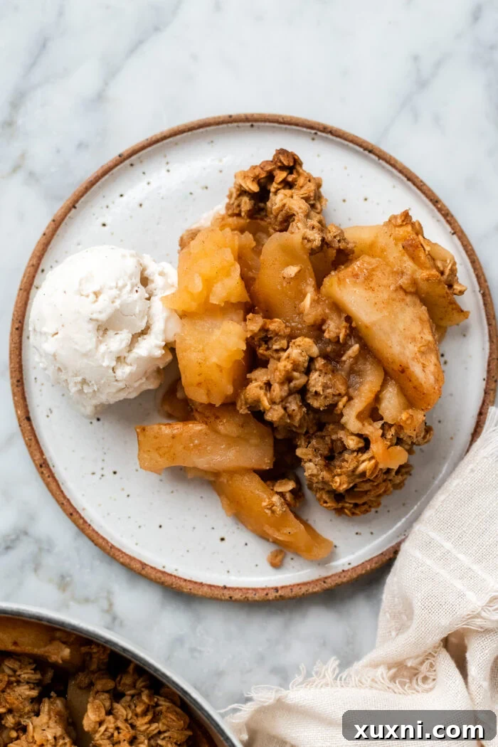 Quick Vegan Apple Crisp Naturally Sweetened 10 A serving of warm vegan apple crisp topped with a generous scoop of creamy vanilla ice cream.