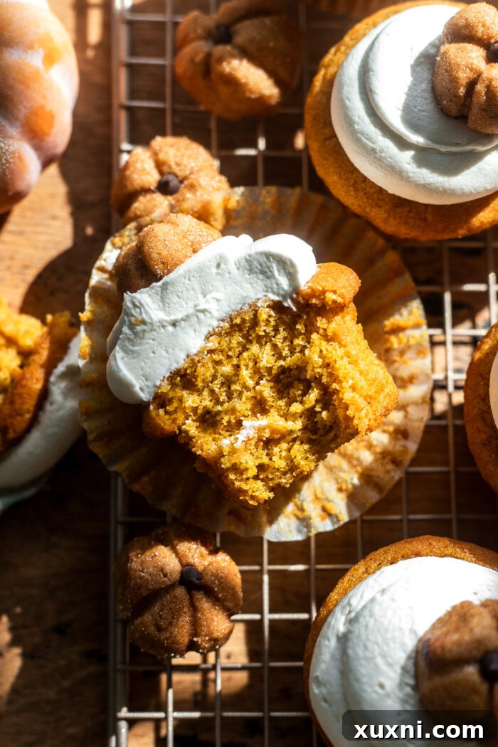 A bitten vegan pumpkin cupcake resting on a cooling rack, showcasing its texture.