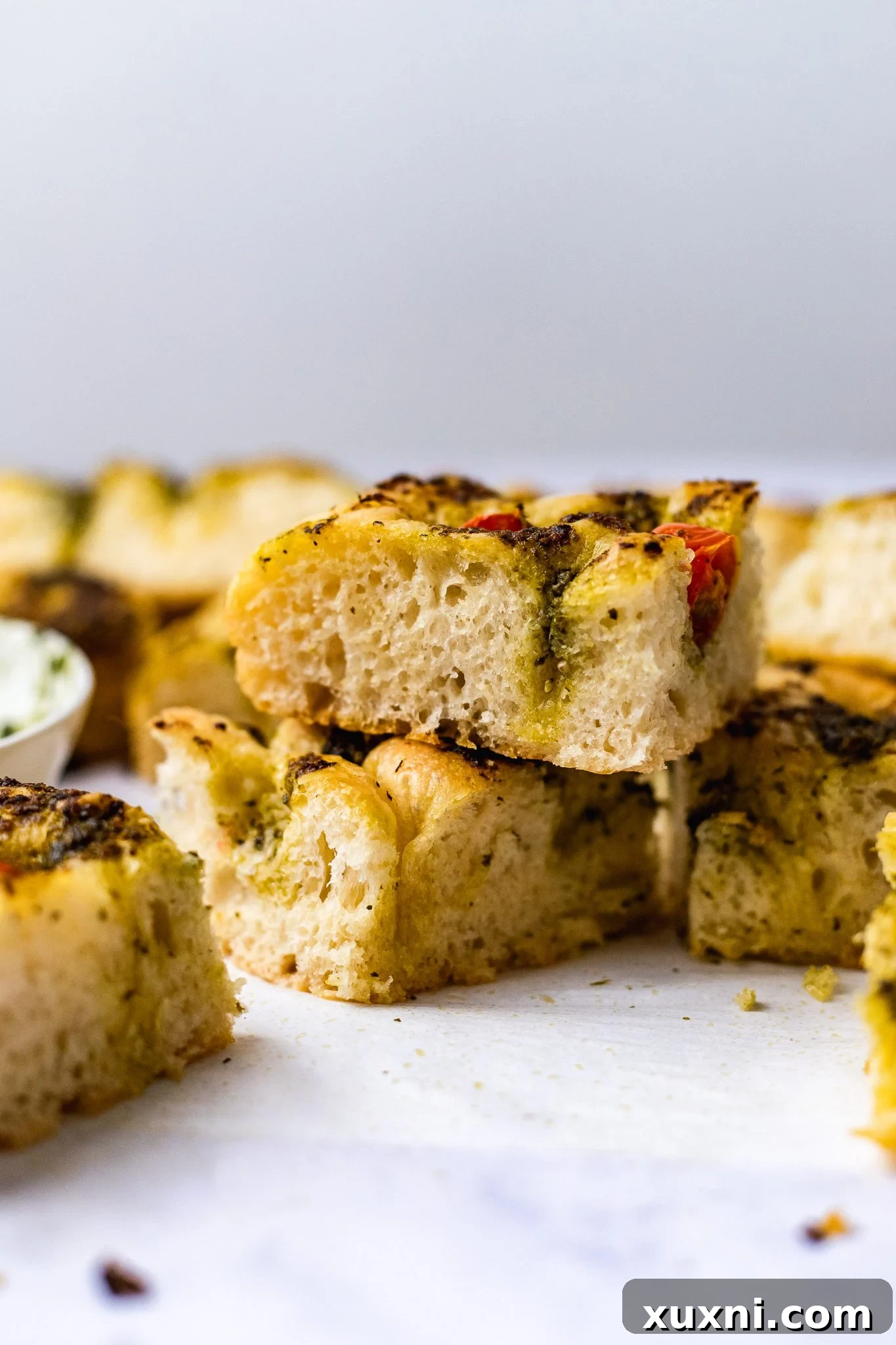 stacked pieces of focaccia bread