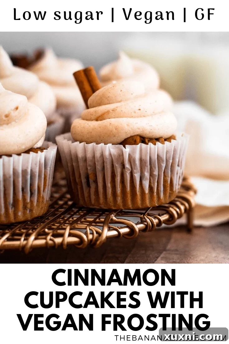 Another Pinterest pin graphic for Vegan Cinnamon Cupcakes, with a different layout of cupcakes and text, encouraging saving the recipe.