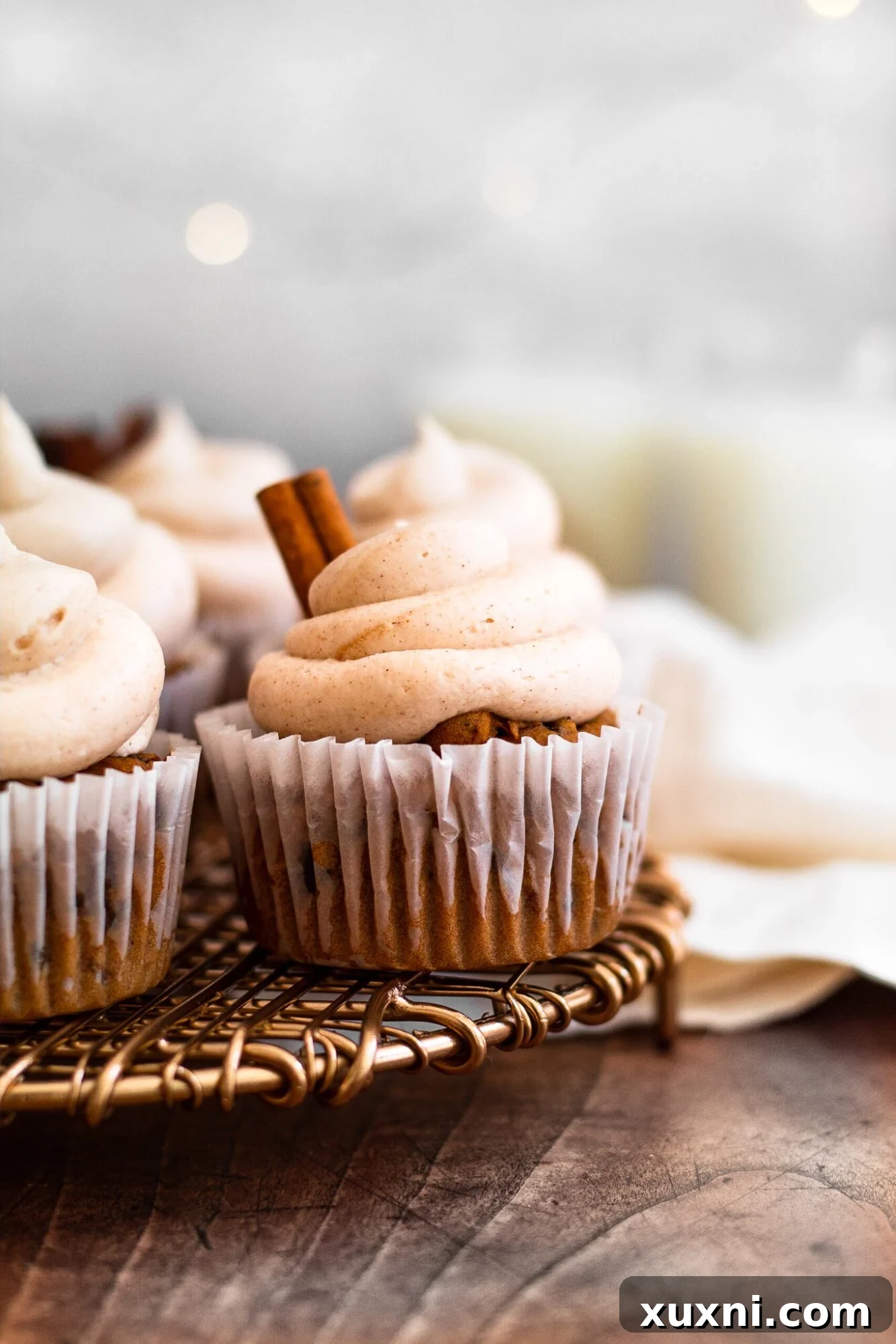 A close-up shot of a single vegan cinnamon cupcake, highlighting the texture of the frosting and the fine dusting of cinnamon on top.