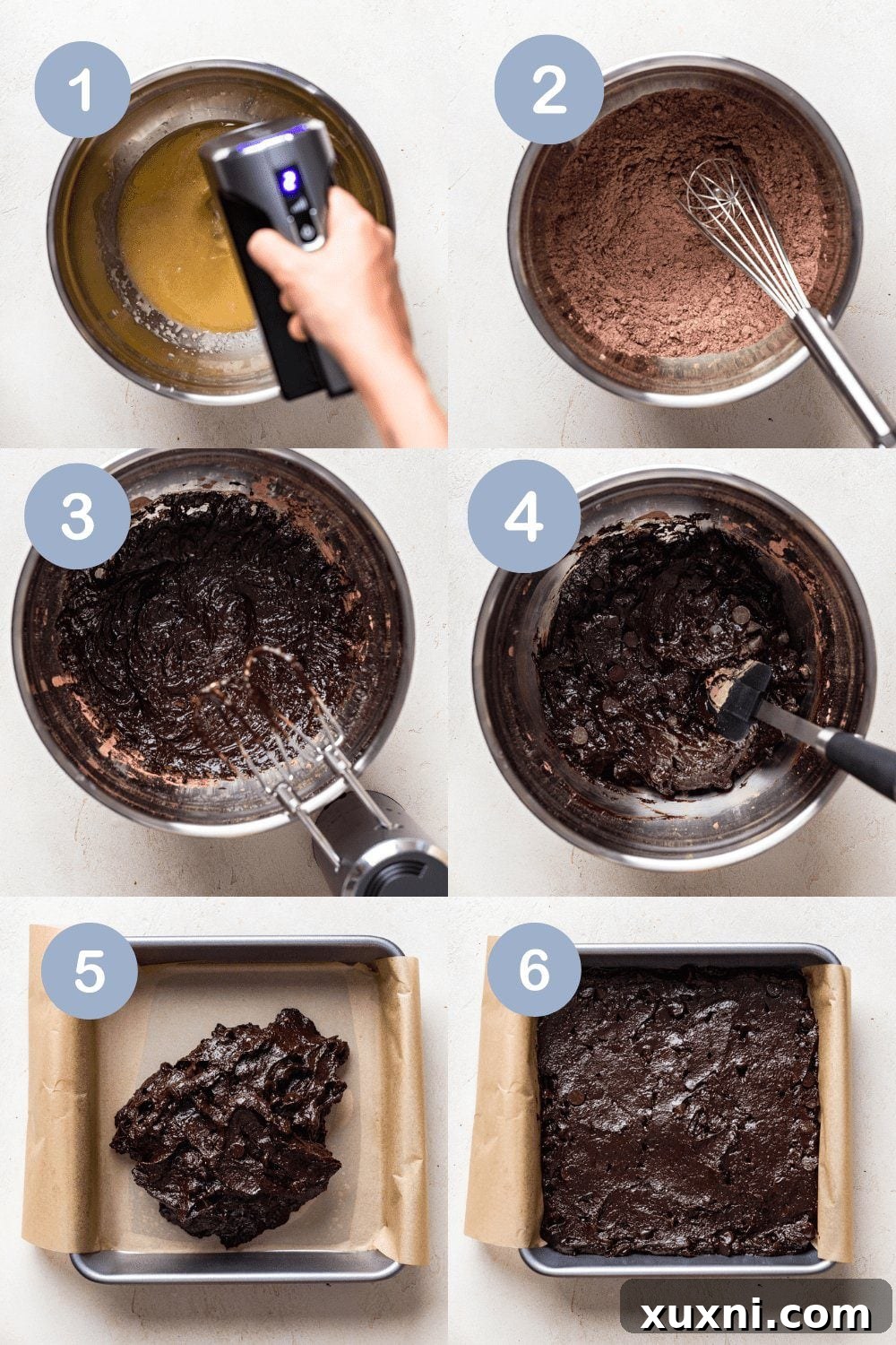 Overhead view of vegan pumpkin brownie batter with pumpkin cheesecake swirl before baking.