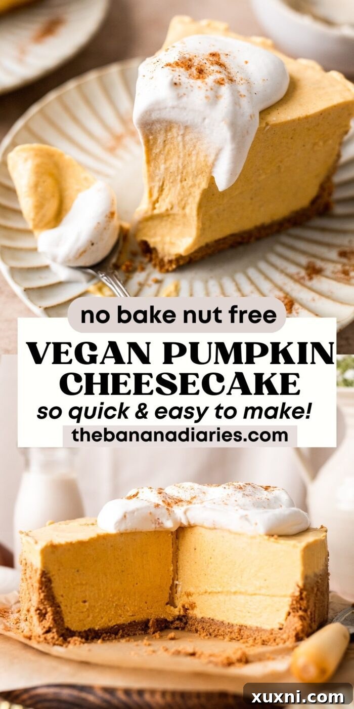 Pinterest graphic for the No-Bake Vegan Pumpkin Cheesecake, highlighting its dairy-free, gluten-free, and nut-free qualities.