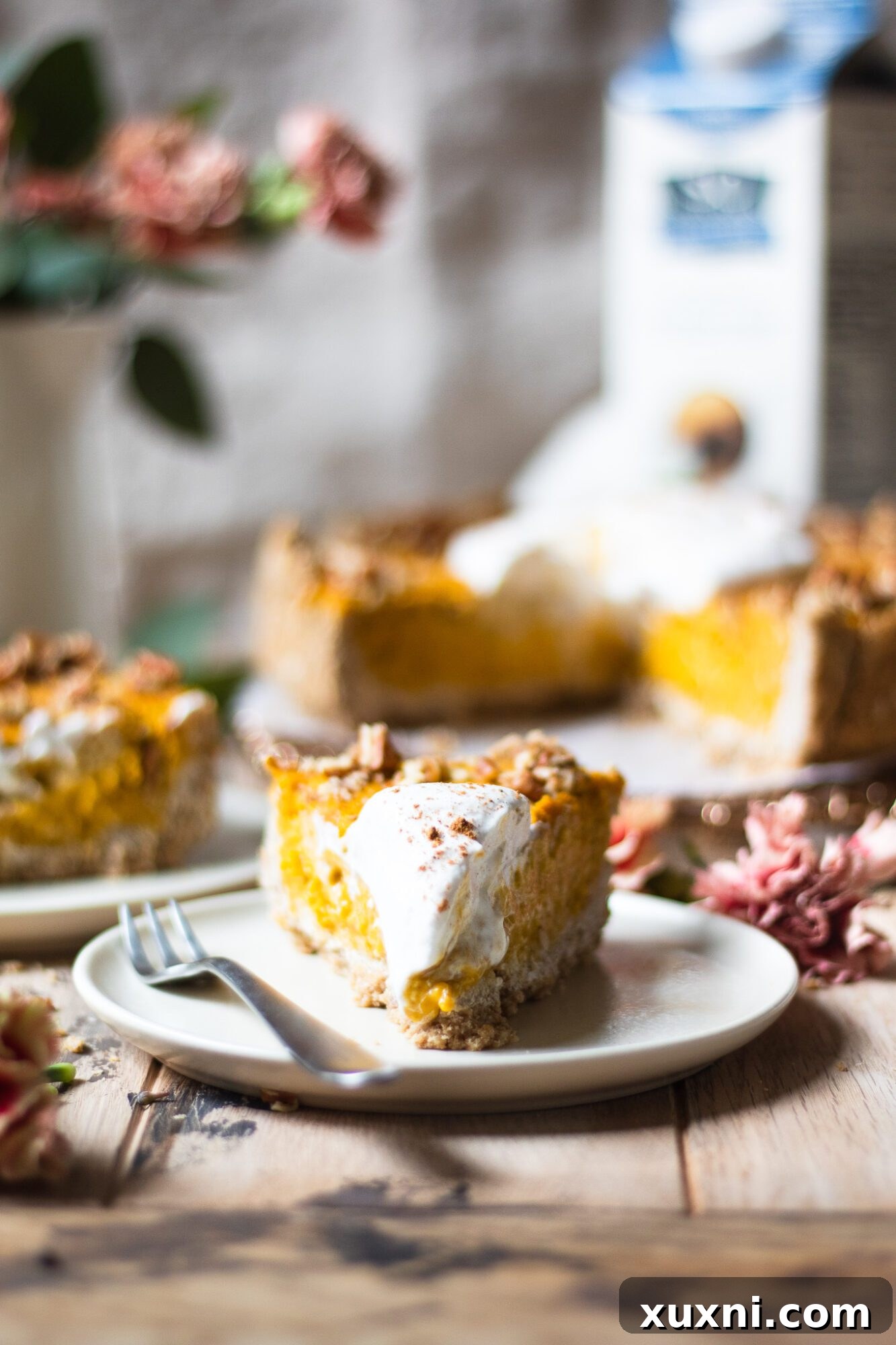 A slice of vegan pumpkin cheesecake on a rustic plate, ready to be enjoyed.